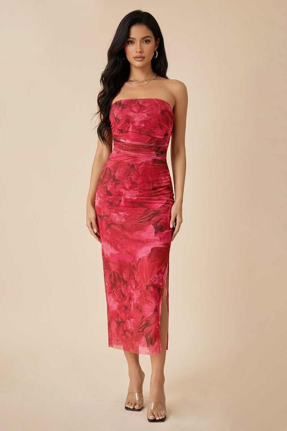 Crimson Bloom Strapless Ruched Midi Dress- 101666