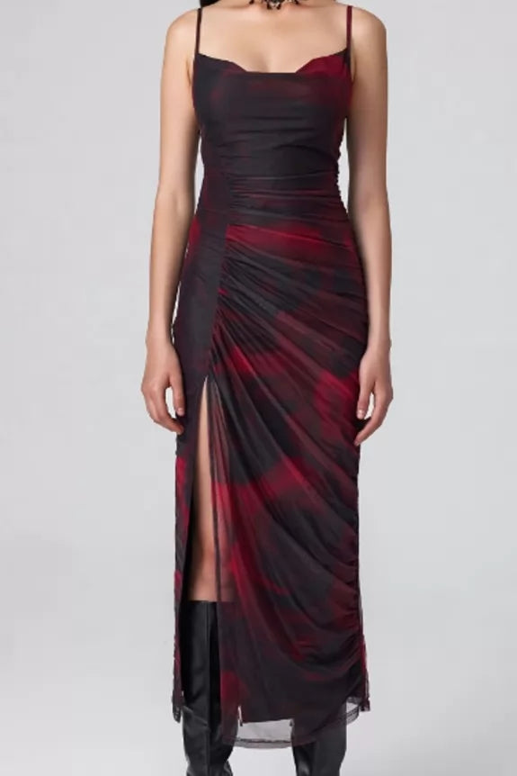 Mesh Cowl Neck Ruched Split Midi Dress