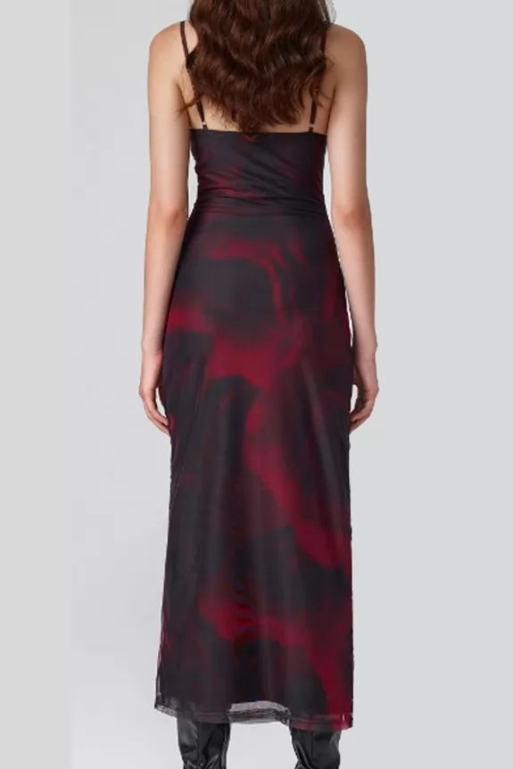 Mesh Cowl Neck Ruched Split Midi Dress