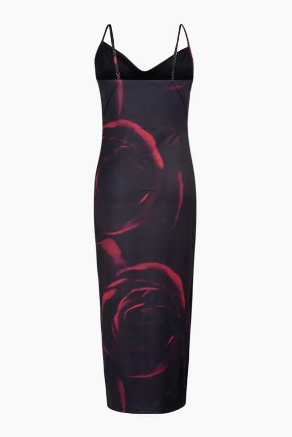 Mesh Cowl Neck Ruched Split Midi Dress