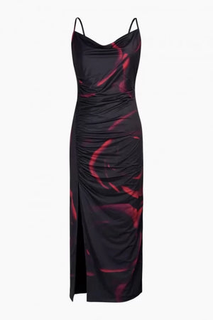 Mesh Cowl Neck Ruched Split Midi Dress