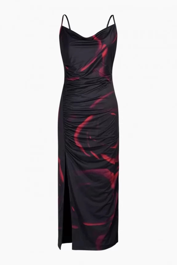 Mesh Cowl Neck Ruched Split Midi Dress