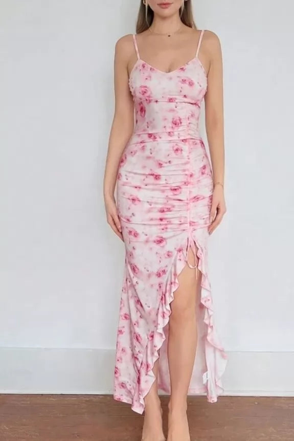 Floral Printed Drawstring Detail Spaghetti Strap Dress