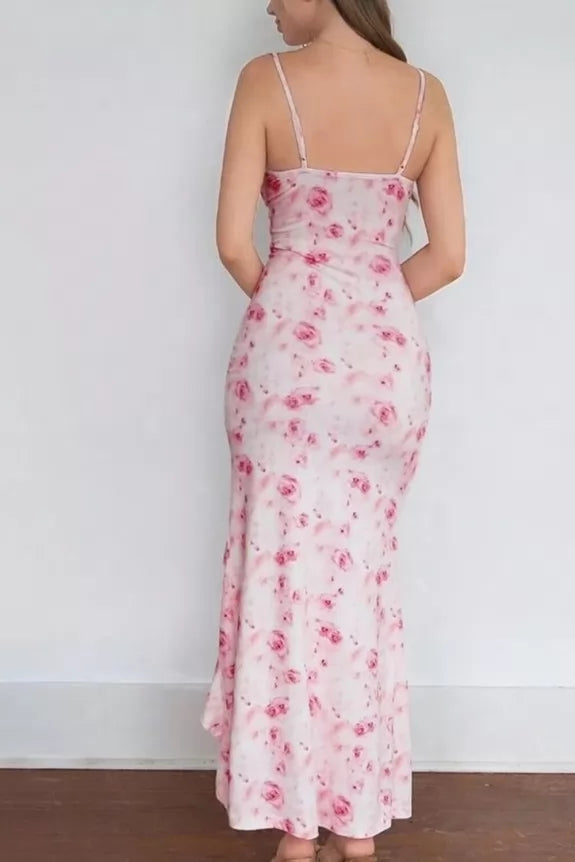 Floral Printed Drawstring Detail Spaghetti Strap Dress