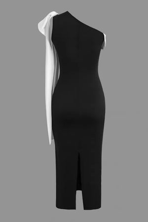 Tie Bow One Shoulder Slit Midi Dress