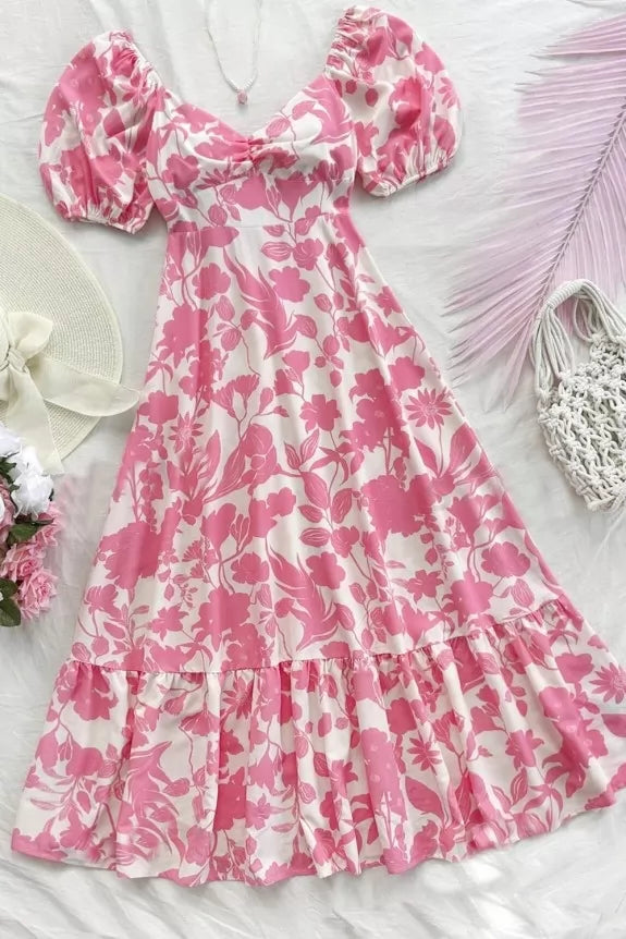 Floral Printed V-Neckline Maxi Dress 