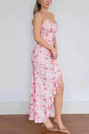 Floral Printed Drawstring Detail Spaghetti Strap Dress