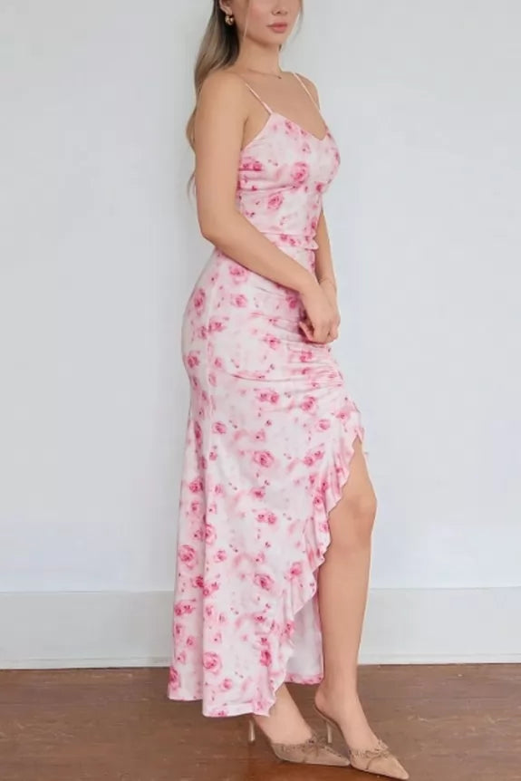 Floral Printed Drawstring Detail Spaghetti Strap Dress
