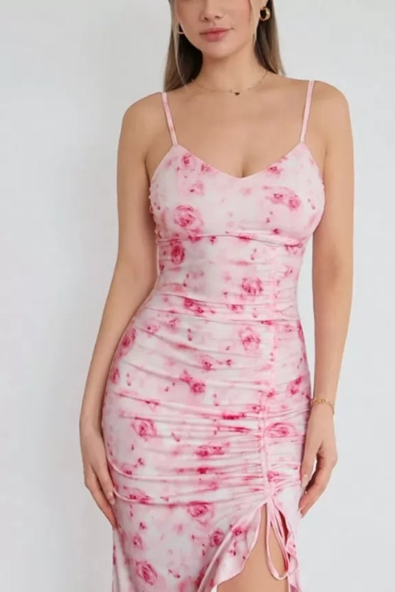Floral Printed Drawstring Detail Spaghetti Strap Dress