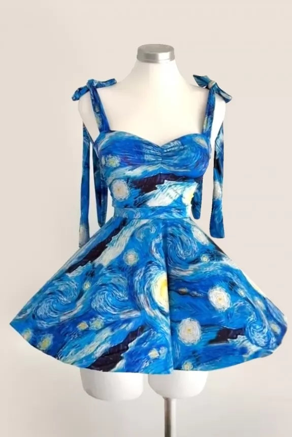 Printed  Short Sleeve Unique Flared Dress