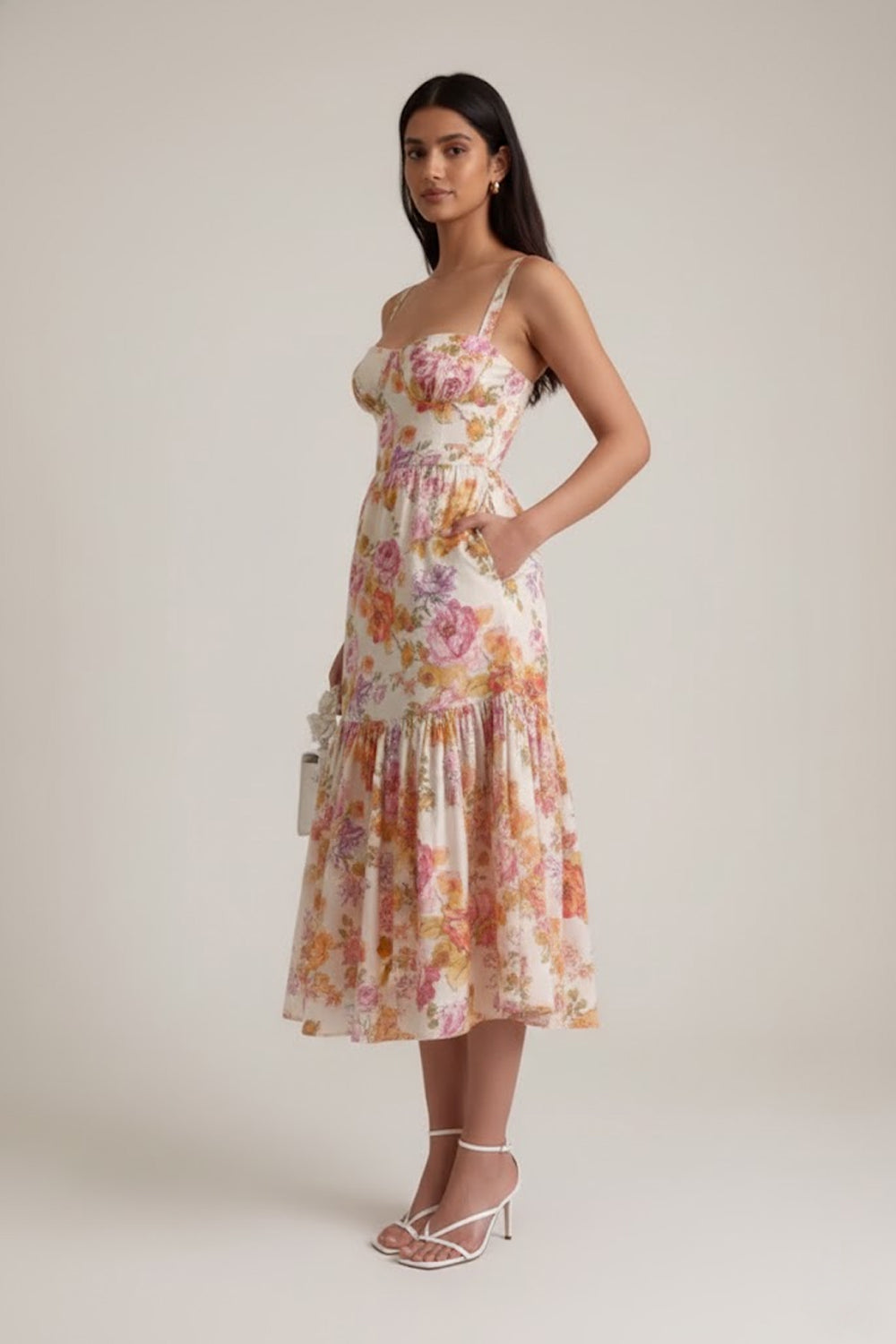 Floral Printed Sweetheart Neck Midi Dress - 109494