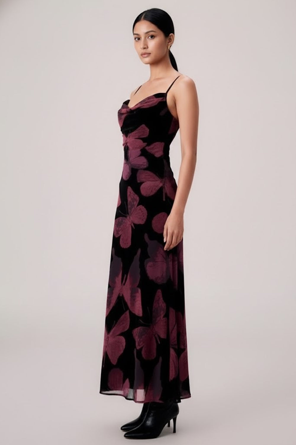 Butterfly Mesh Printed Strapy Neck Maxi Dress- 115713