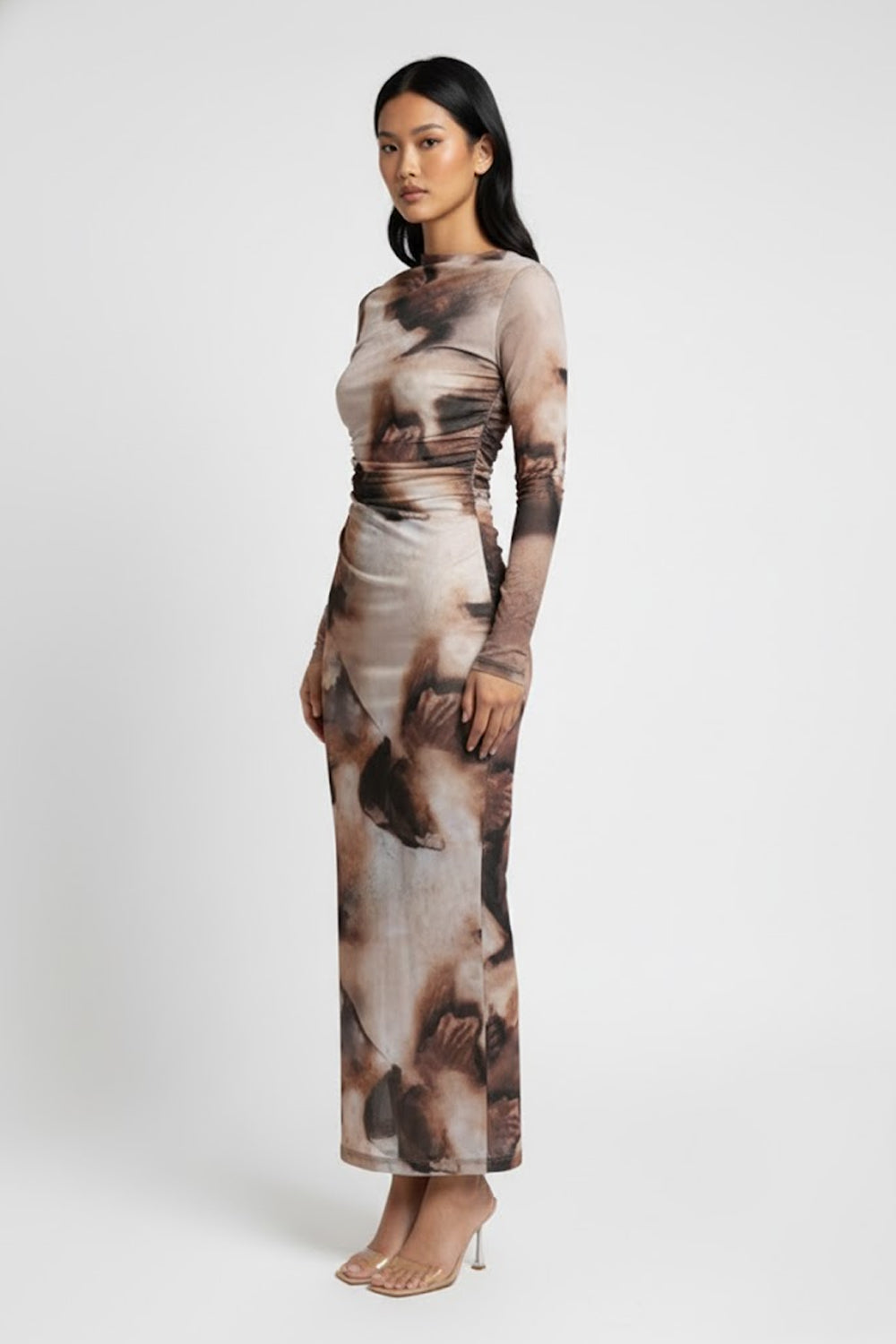 Printed Long Sleeve Bodycon Long Dress-117458