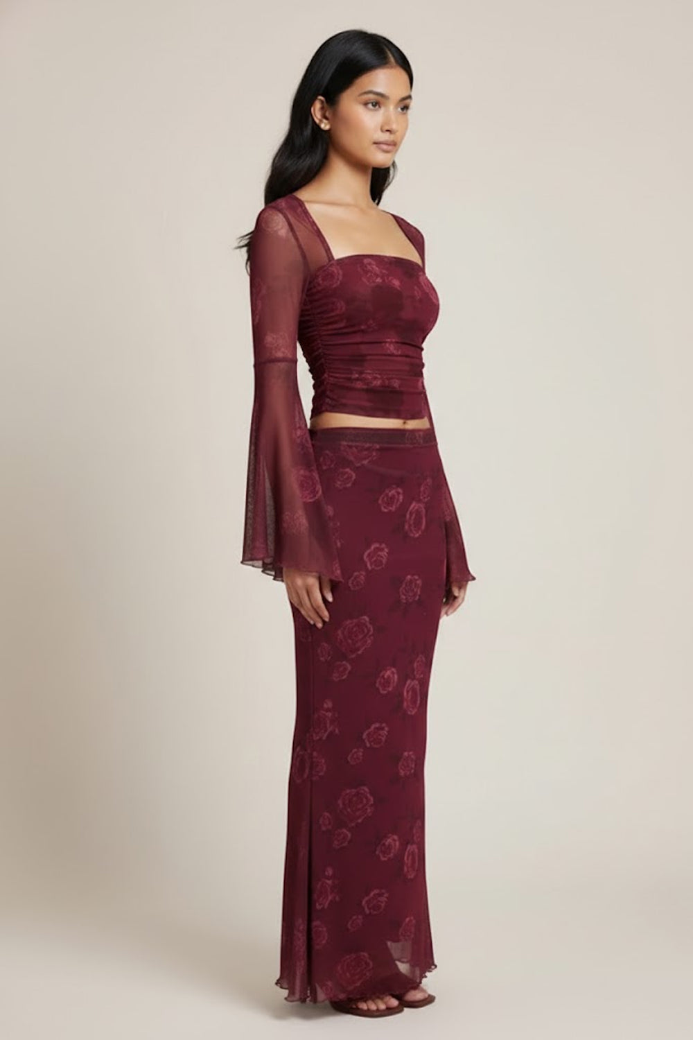 Set Of 2 :- Square Neck Mesh Crop Top With Skirt - 120640