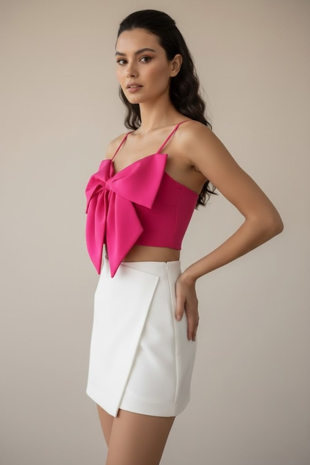 Set of 2:- Hot Pink Bow Top with White Mini Skort- 122747