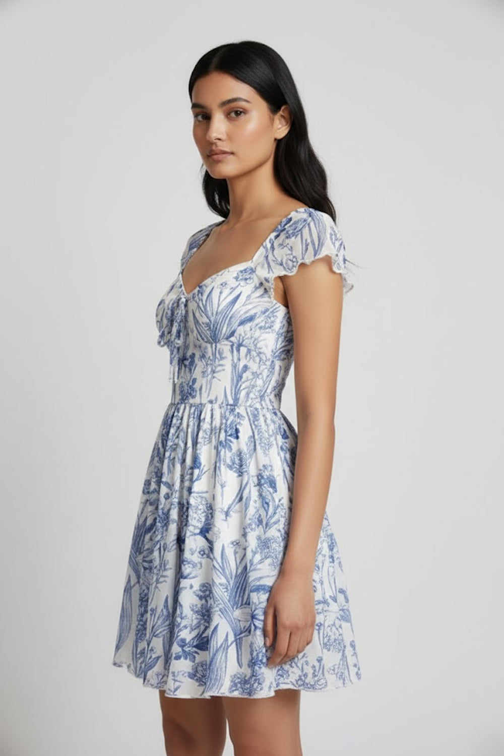 Blue and White Floral Printed Mini Dress - 124529