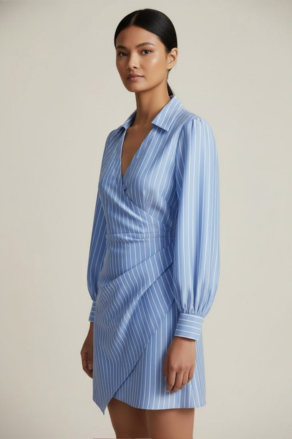 Blue and White Striped Long Sleeve Dress - 126545