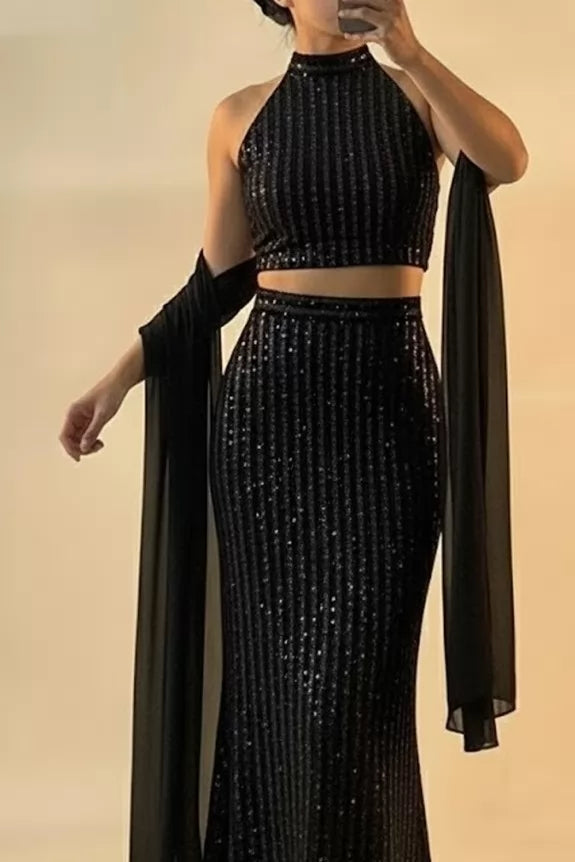 Set of 2-: Halter Crop Top and Mermaid Skirt (Without Dupatta)