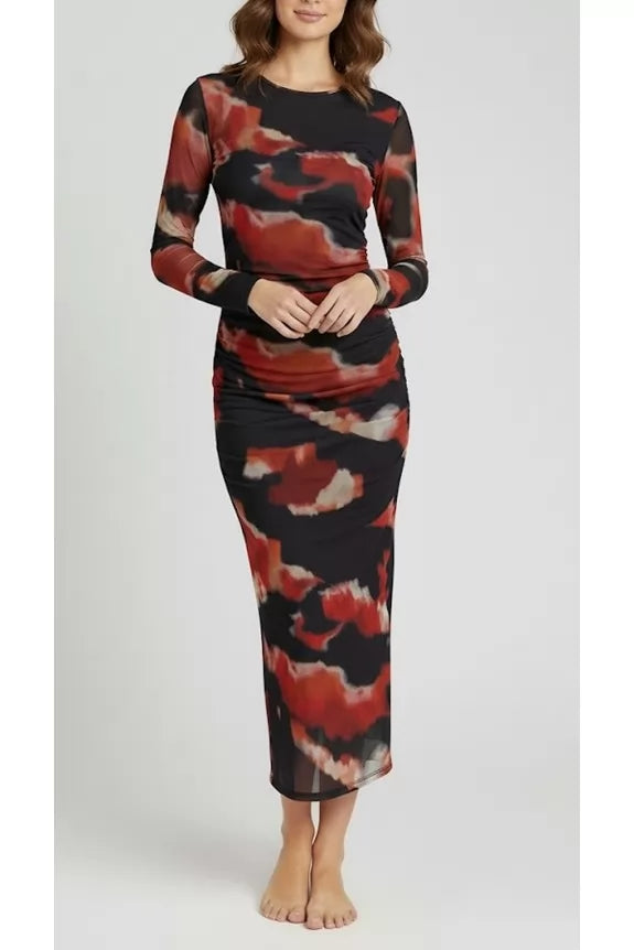 Mesh Sheer Abstract Pattern Maxi Dress