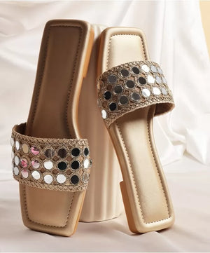 Mirror Work Square Toe Flats