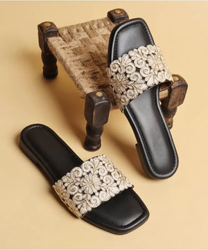 Cream & Black Embroidered Flats