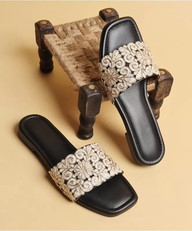 Cream & Black Embroidered Flats