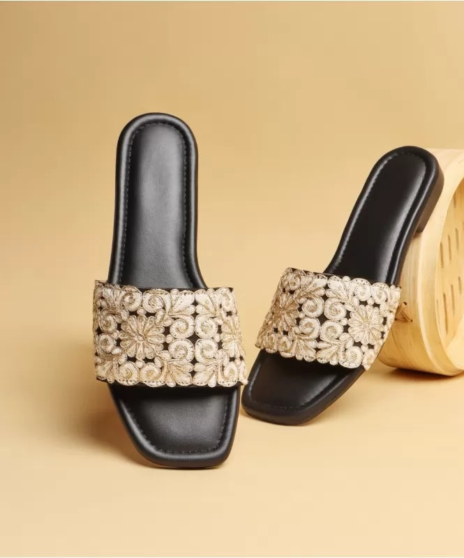 Cream & Black Embroidered Flats