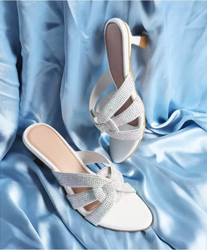 White Rhinestone Kitten Heels
