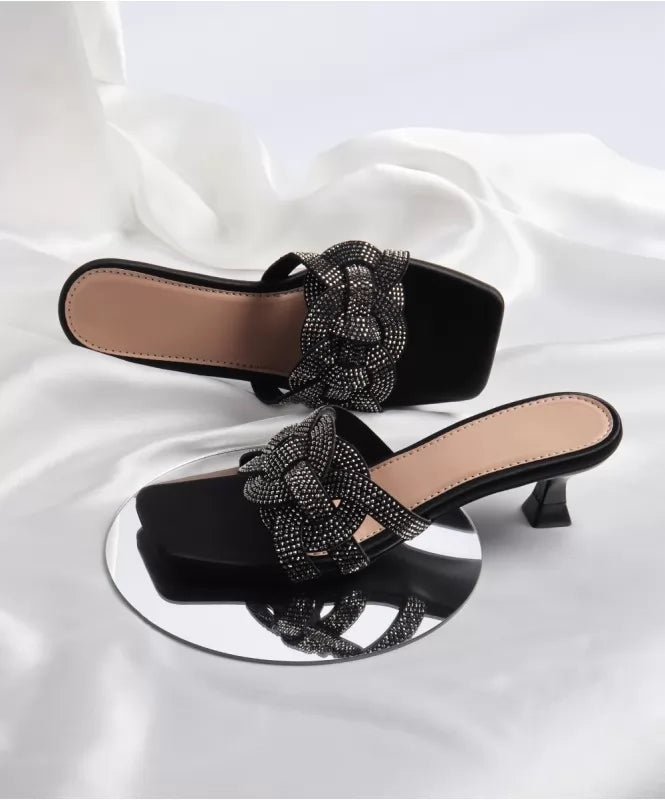 Square-Toe Rhinestone Kitten Heels