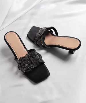 Square-Toe Rhinestone Kitten Heels