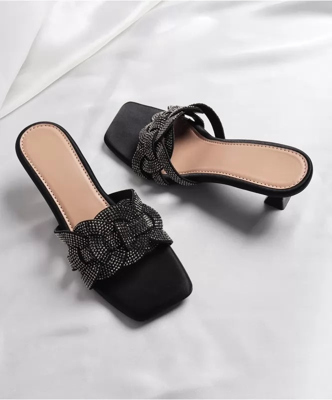 Square-Toe Rhinestone Kitten Heels