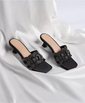 Square-Toe Rhinestone Kitten Heels