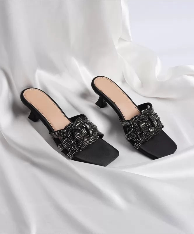 Square-Toe Rhinestone Kitten Heels