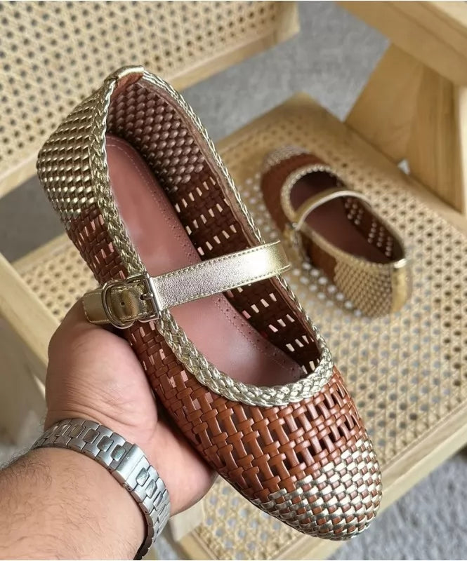 Two-tone Woven Mary Janes Flats 
