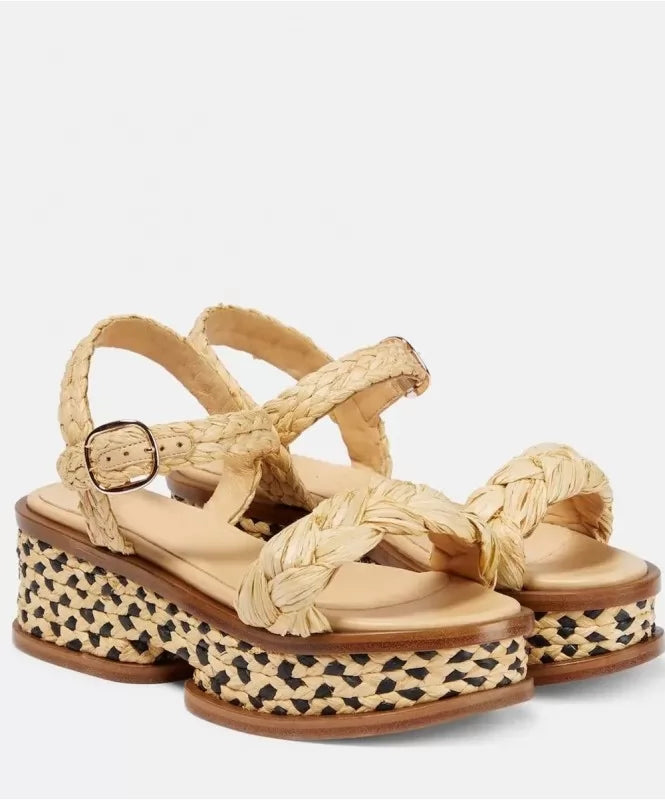 Beige Braided Straw Platforms