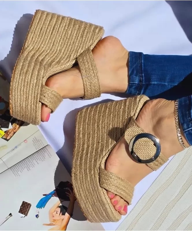 Denim Studded Wedge Sandals