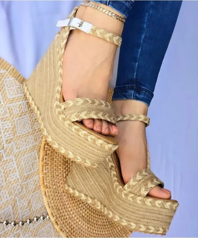 Beige Rope-Wrap Wedge Sandals