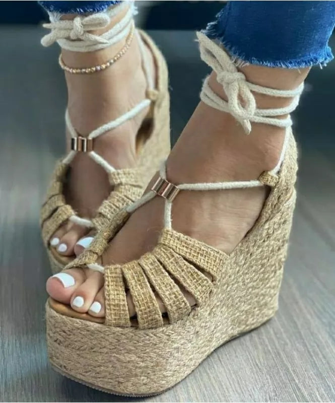 Tan Double-Strap Platform Wedges