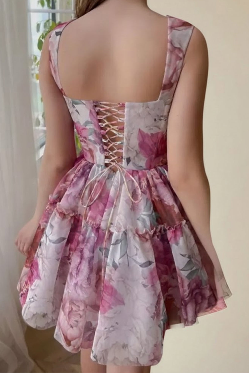Printed Square Neck Mini Dress- 104670