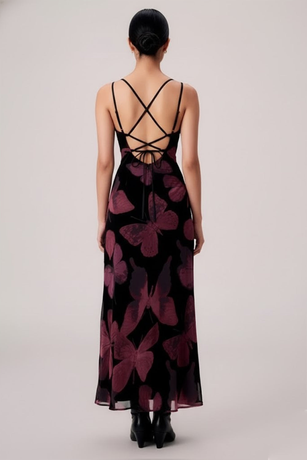 Butterfly Mesh Printed Strapy Neck Maxi Dress- 115713
