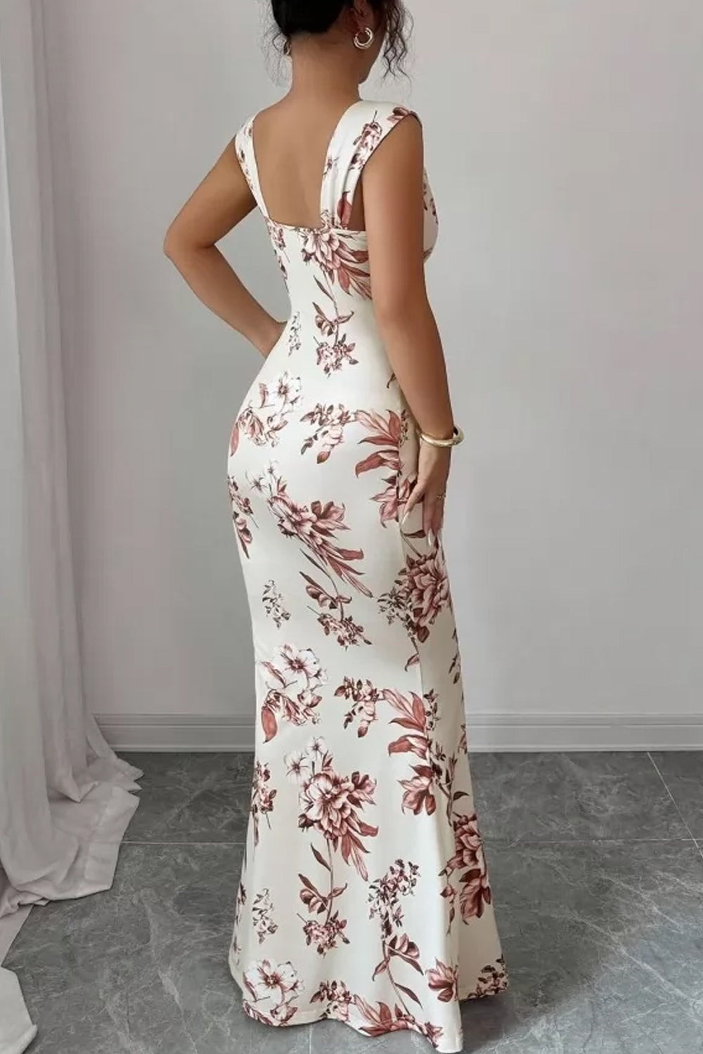 White Floral Printed Sweetheart Neck Mermaid Maxi Dress - 126543