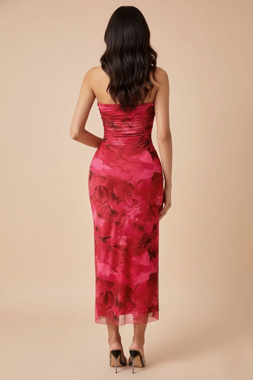 Crimson Bloom Strapless Ruched Midi Dress- 101666