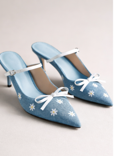 Floral Embroidered Bow Slingback Heels - 129927