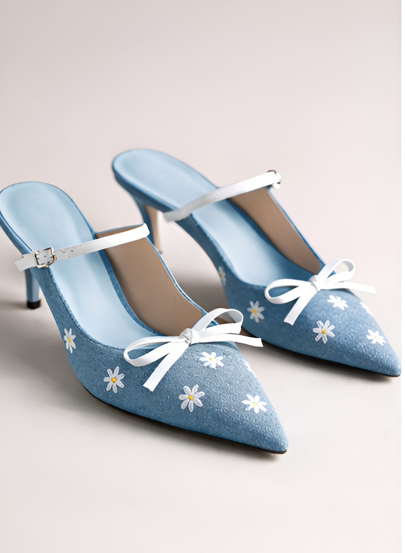 Floral Embroidered Bow Slingback Heels - 129927